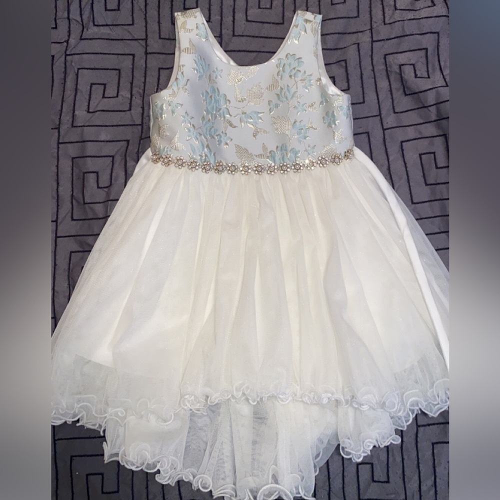 Gold, Light green, and cream toddler dress with rhinestone/pearl embellishment.